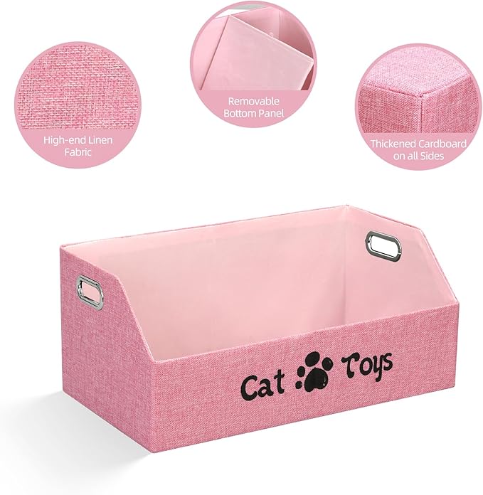 Cat Toy Basket, Kitten Toys Storage Organizer Foldable Fabric Bin Pet Supplies Chest Holder Trapezoid Container with Metal Handles for Organizing Cats Clothes Accessories, Pink