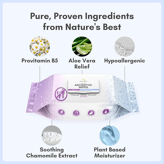 Nurture XL Antibacterial Body & Hand Wipes | Alcohol-Free Antiseptic Wet Sanitizer Towelettes for Germ Removal, Disinfecting Skin, Sanitizing Hands |Cleaning Cloths | Adults & Baby | Thick & Strong