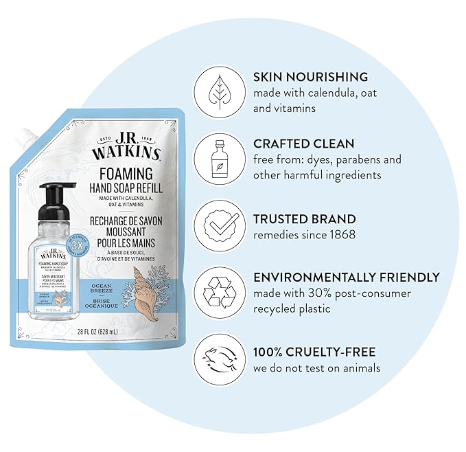 J.R. Watkins Foaming Hand Soap Refill, Moisturizing Foam Hand Wash, Formulated with Plant-Based Cleansers, Alcohol-Free, Cruelty-Free, Ocean Breeze, 28 fl oz, 2 Pack