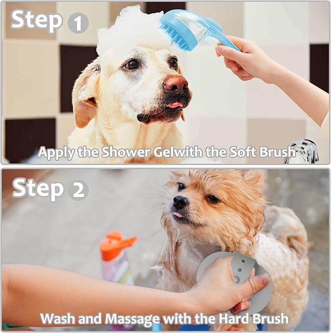 (6 Pcs) ELEGX Pet Grooming Bath Massage Brush with Soap and Shampoo Dispenser Soft Silicone Bristle for Long Short Haired Dogs Cats Shower (Light blue)