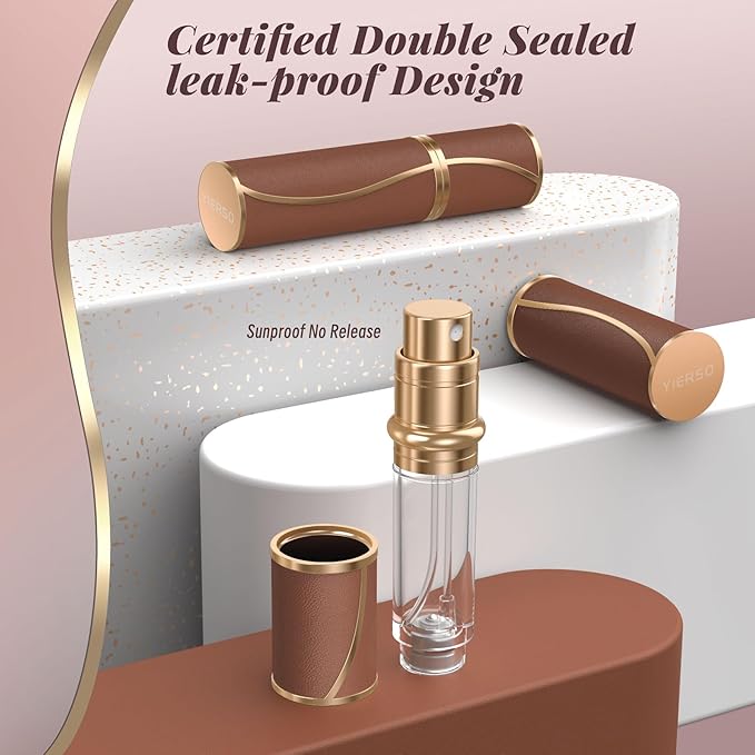 10ml Perfume Travel Refillable Atomizer,Genuine Leather Bottom Filling Perfumes Bottle,Mini Fragrances Dispenser,Portable Cologne Sprayer Pocket Size for Plane Trip Gift 0.34oz (Brown-10ml)