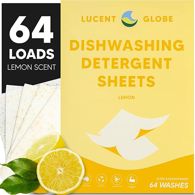 Lucent Globe Dishwasher Dishwashing Detergent Sheets, Dish Soap & Dishwashing Tablets Alternative. Plant-Based, Eco-Friendly, Fully Biodegradable, Lemon Scent & Plastic Free Packaging (64 Sheets)