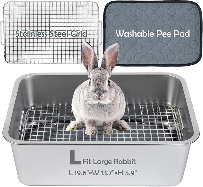 MEEXPAWS Rabbit Litter Box Stainless Steel, Large Bunny Litter Box with Raised Grid and Washable Pee Pad, Metal Litter Pan High Side for Rabbit,Small Animal Toilet Potty Tray Easy Cleaning,Less Stink