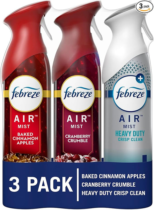 Febreze Air Effects Odor-Fighting Air Freshener Apple Cider, Cranberry Tart, Heavy Duty Crisp Clean, 8.8 oz. Aerosol Can, Pack of 3
