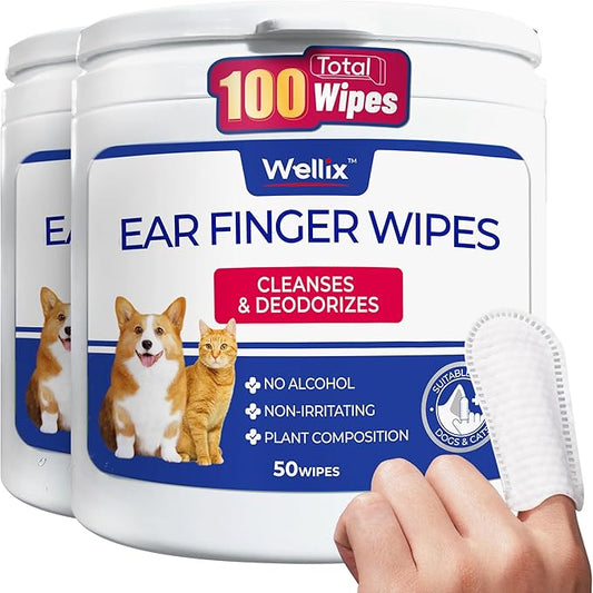 Wellix Pet Ear Cleaner Wipes for Dogs&Cats (100count) - Pure Chamomile Honeysuckle Dog Cleaning Finger Wipes - Natural Treatment for Itch Relief and Ear Infections - 2 Packs
