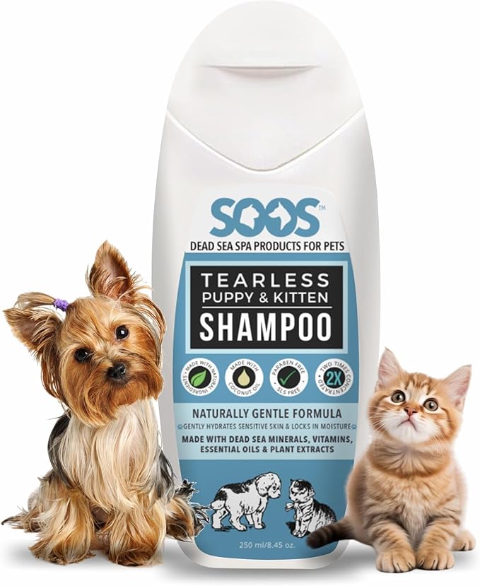 Soos Pet Shampoo Natural Dead Sea Tear-Less Fast Absorbing with Vitamins Minerals for Puppy and Kitten - 1x (250ml / 8.45 oz)