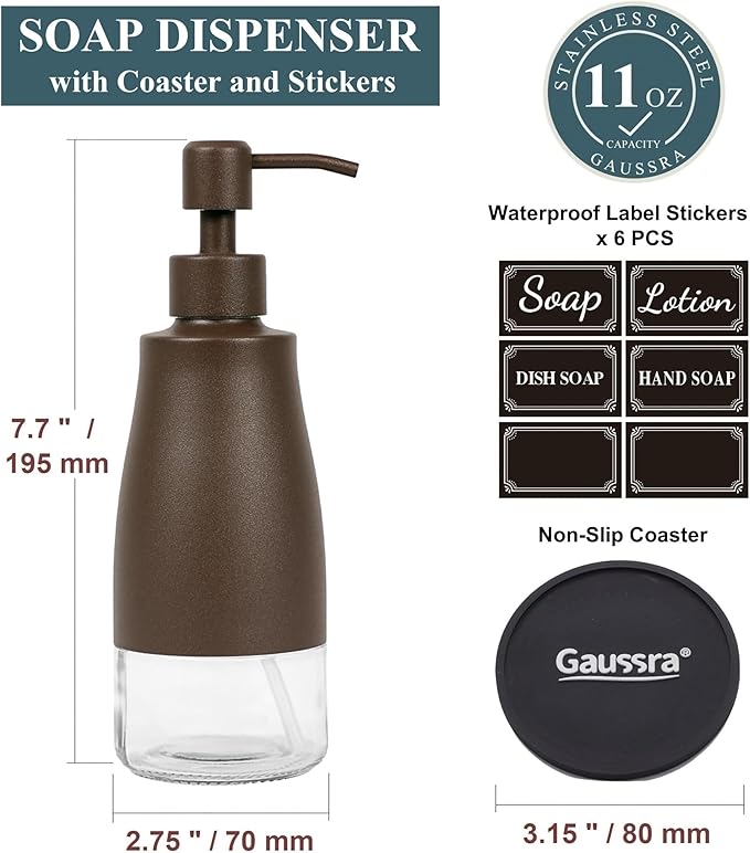 Gaussra Bronze Soap Dispenser with Coaster and Stickers, Stainless Steel and Glass Bottle Hand Pump Dispenser, Refillable Liquid Hand Soap Dispenser for Bathroom & Kitchen (11OZ / 320ML)