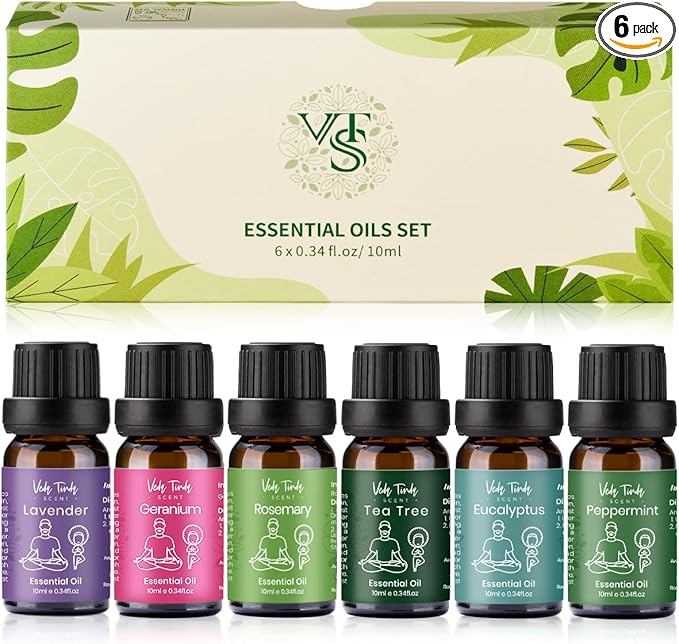 VTS Essential Oils Set (6 x 10ml) - Lavender, Peppermint, Eucalyptus, Tea Tree, Geranium, Rosemary, Aromatherapy Oils Gift Set for Home Diffusers, Skin & Hair Care, Soap & Candle Making, Humidifiers