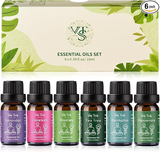 VTS Essential Oils Set (6 x 10ml) - Lavender, Peppermint, Eucalyptus, Tea Tree, Geranium, Rosemary, Aromatherapy Oils Gift Set for Home Diffusers, Skin & Hair Care, Soap & Candle Making, Humidifiers