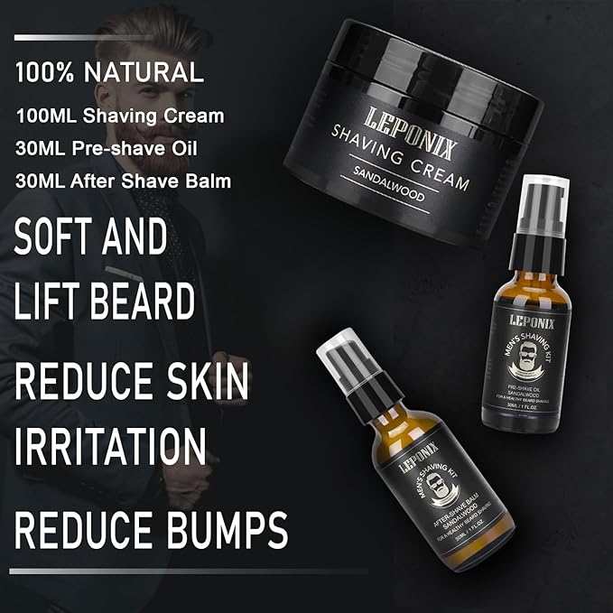 LEPONIX Men's Shaving Kit Gift Set- Sandalwood Shaving Cream, After Shave Lotion & Pre Shave Oil - Fights Razor Burn, Nicks & Cuts - Luxury Grooming Essentials for Men, Husband - Stocking Stuffers