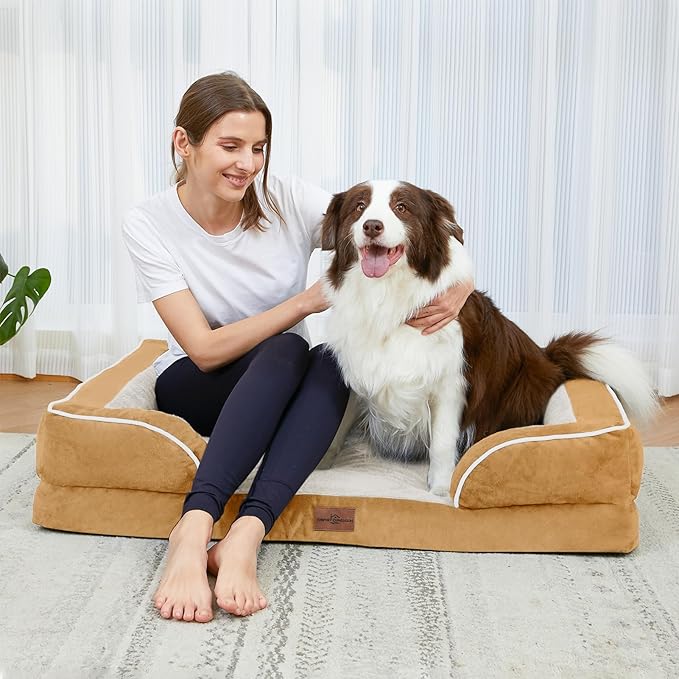 Comfort Expression Orthopedic Dog Bed for Large Dogs 36x27 Inch, Waterproof Supportive Egg Crate Foam Large Pet Bed with Removable Bolsters, Dog Couch with Washable Cover & Non-Slip Bottom, Caramel