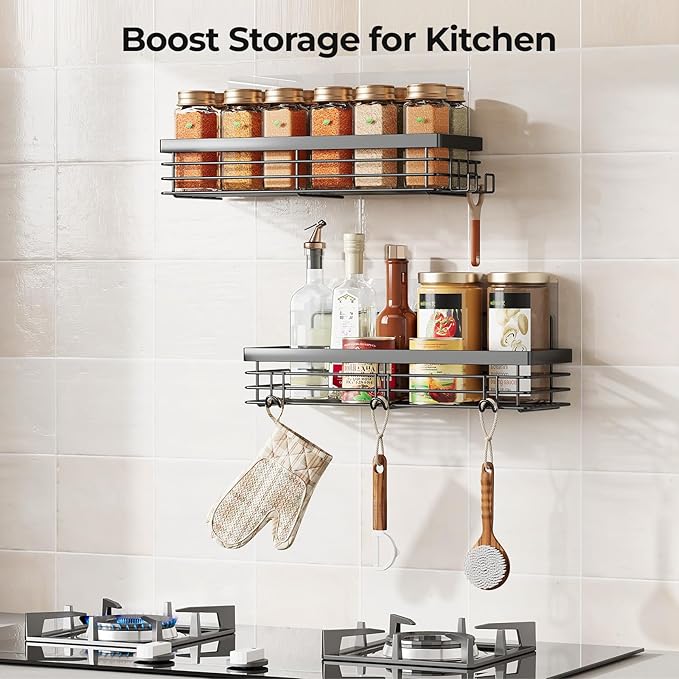 Orimade Shower Caddy with 5 Hooks for Hanging Razor and Sponge Adhesive Shower Shelf Basket Bathroom Storage Organizer Kitchen Rack No Drilling Stainless Steel Rustproof - 2 Pack,Black