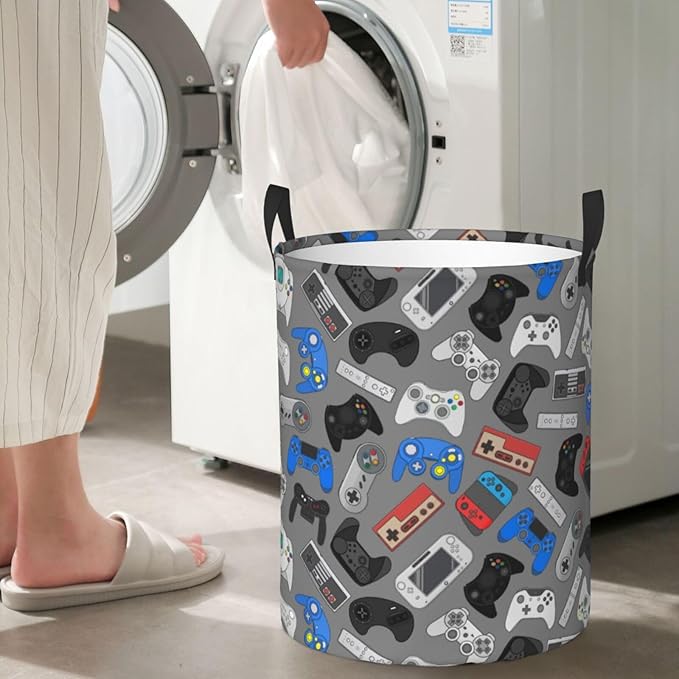 Video Game Grey Background Laundry Hamper Bag With Waterproof Liner - Gaming Theme Round Laundry Basket Foldable Clothes Storage Organizer For Bathroom Bedroom Nursery Dorm, S-16.5"X 13.8"