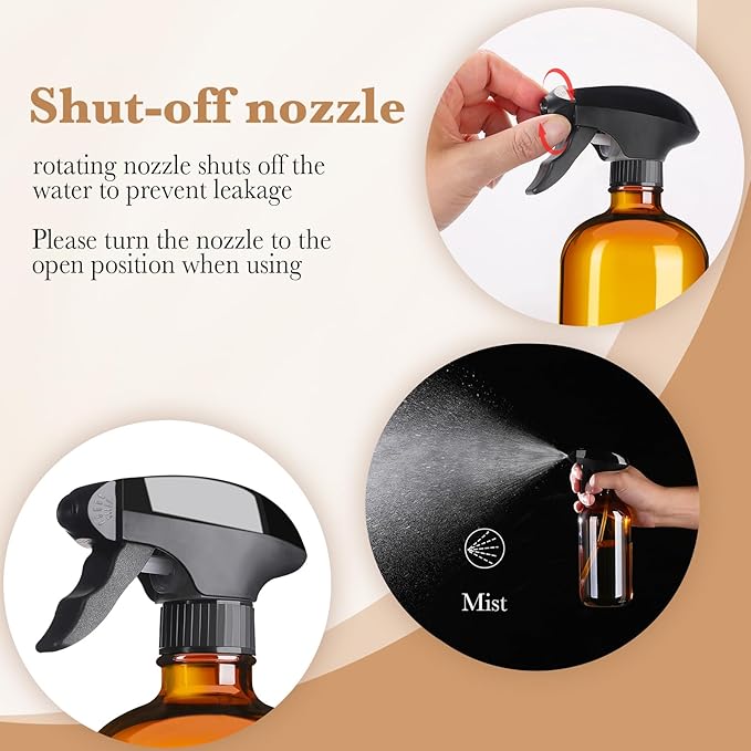Vitreaux 16oz Amber Glass Spray Bottles,2 Pack Glass Spray Bottles Refillable Empty Bottle with Adjustable Nozzle,Spray Bottle for Essential Oils,Cleaning,Pets,Hair Mister
