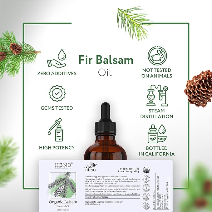 HBNO Organic Fir Balsam Essential Oil - Huge 4 oz (120ml) Value Size - USDA Certified Organic Fir Balsam Oil, Perfect for Aromatherapy, Soap Making, DIY, Fragrances, Diffuser