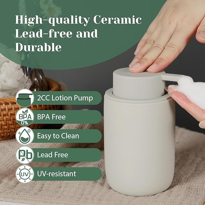 INGOFIN Ceramic Foaming Soap Dispenser Set, 2 Pack (12 oz) Bathroom Foam Hand Soap Dispenser with Pump, Hand and Dish Dispenser Set with 8 Pcs Clear Stickers,for Kitchen- Grey