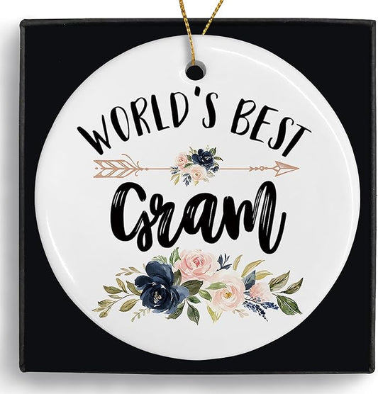 World's Best Gram Gifts Ceramic Ornaments, Gram Round Hanging Ornament Decor Decorations for Christmas Tree Car, Gifts for Grandma Grandmother Birthday Holiday