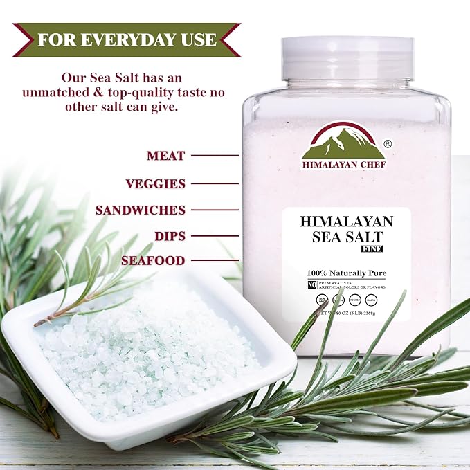 Himalayan Chef Sea Salt Fine Grain Himalayan Salt, 5 lbs Bulk Bag - 100% Natural, Unrefined, Kosher, Rich in 84 Organic Minerals for Cooking, Seasoning
