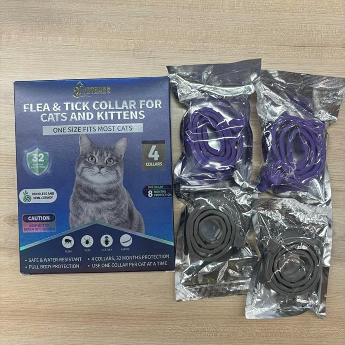 4 Pack Flea Collar for Cats, 32 Months Flea and Tick Prevention for Cat, Waterproof Cat Flea Collar, Natural Flea Treatment, Adjustable Fleas and Ticks Collars for Cats Kittens(Grey&Purple)