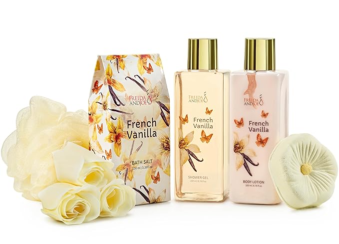 Freida & Joe Elegant 9-Piece Bath Set in High Heel Shoe – Luxurious Spa Gift Basket for Women, Includes Shower Gel, Body Lotion, Bath Salts, Soap Flowers, Bath Fizzer & Sponge (French Vanilla)