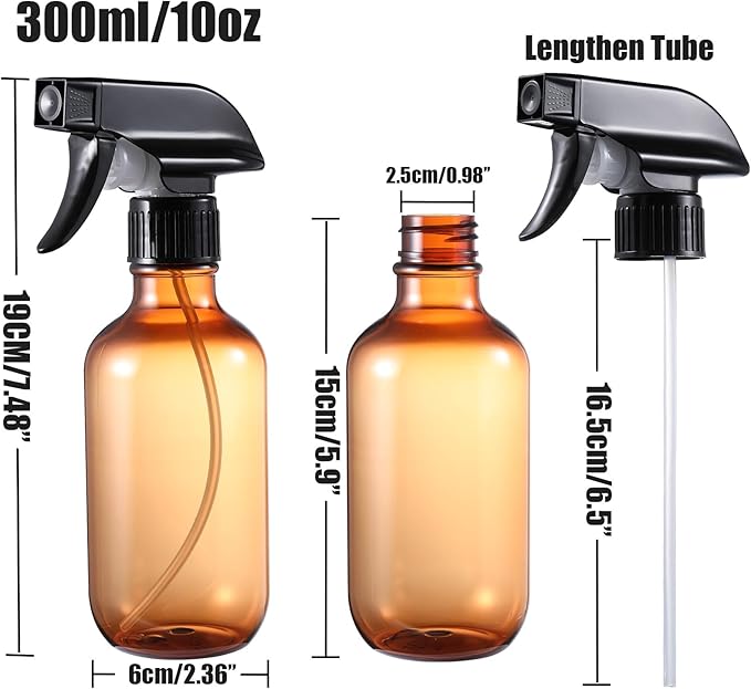 Plastic Small Spray Bottle, Mister Squirt Bottle 2 Pack, 10.1 oz Amber Refillable Empty Water Spray Bottles with Adjustable Mist/Stream for Hair, Plant, Pet, Cleaning, Cooking