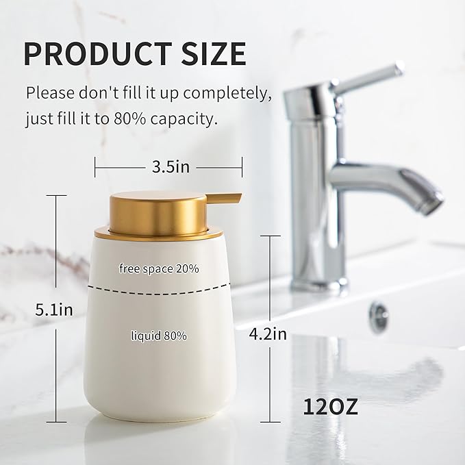 Enra Foaming Soap Dispenser,12 oz Beige Ceramic Modern Poam Hand Soap Dispenser for Bathroom,Kitchen with Easy-to-Press Pump (White Poam Gold Pump)