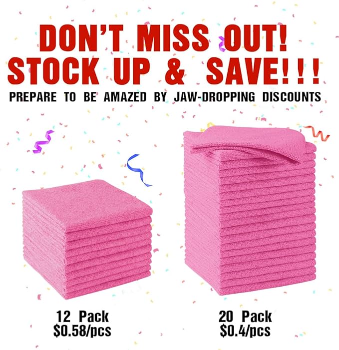 HOMEXCEL Microfiber Cleaning Cloths 20 Pack, Highly Absorbent, Lint & Scratch-Free Cleaning Rags for House Kitchen, Pink Microfiber Towels for Car 11.5 x 11.5 inch