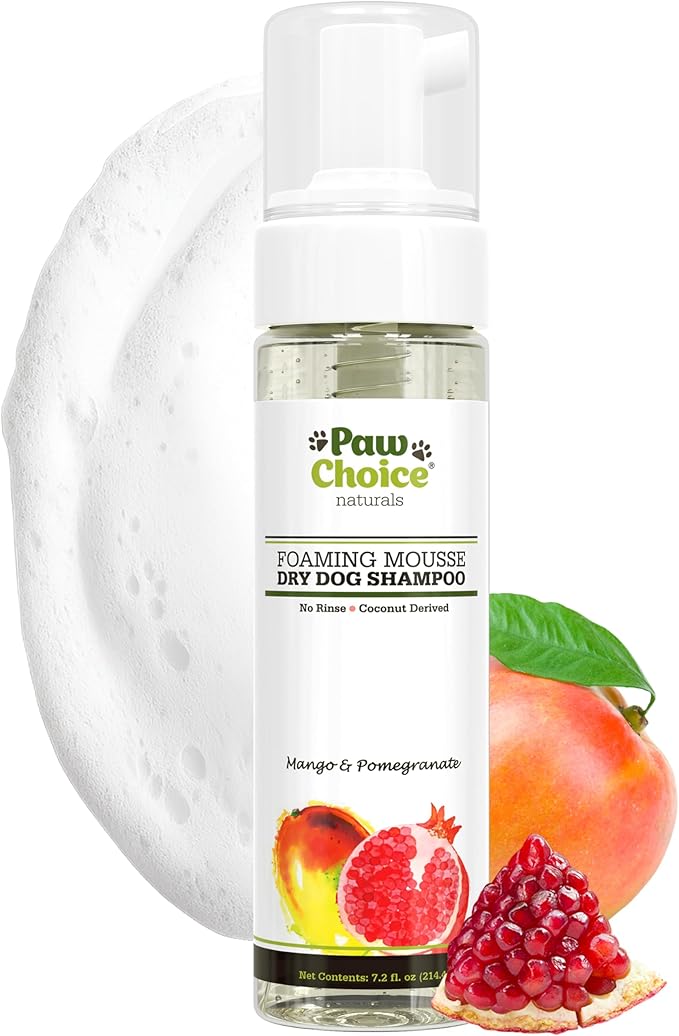 Paw Choice Dog Dry Shampoo - Hypoallergenic Waterless No Rinse Foam - Natural Coconut-Derived Cleanser - Quickly Deodorizes, Cleans & Conditions Between Baths - Made in USA - Mango Pomegranate