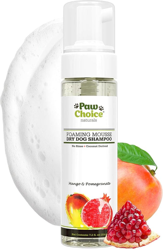 Paw Choice Dog Dry Shampoo - Hypoallergenic Waterless No Rinse Foam - Natural Coconut-Derived Cleanser - Quickly Deodorizes, Cleans & Conditions Between Baths - Made in USA - Mango Pomegranate