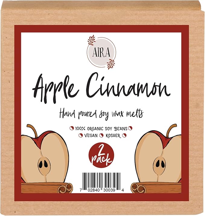 Aira Soy Wax Melt - Organic, Vegan, Kosher, Fall Scented Soy Wax Cubes w/Essential Oils - No Chemical 100% Soy Wax Melts for Electric/Tealight Melters - Hand-Poured Soy Tarts - Apple Cinnamon -2 Pack