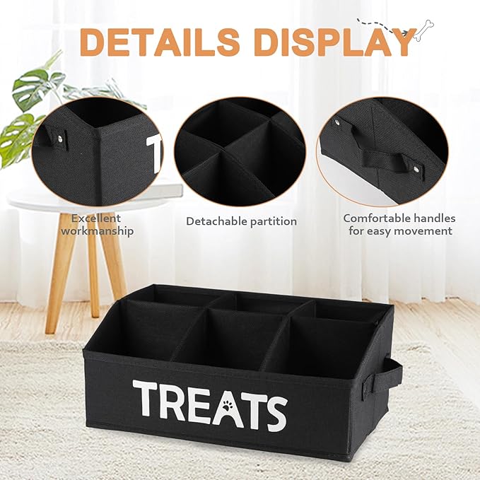 2-Pack Dog Storage Organizer, Collapsible Cat Treats Container with Dividers, Dog Treats Station - Black