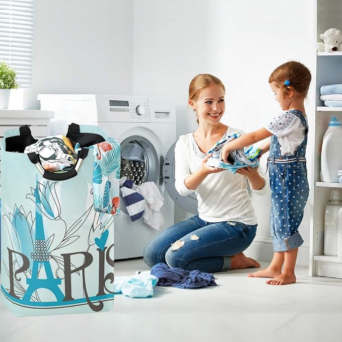 visesunny Paris Letters Blue Pattern Large Laundry Hamper with Handle Foldable Durable Clothes Hamper Laundry Bag Toy Bin for Bathroom, Bedroom, Dorm, Travel