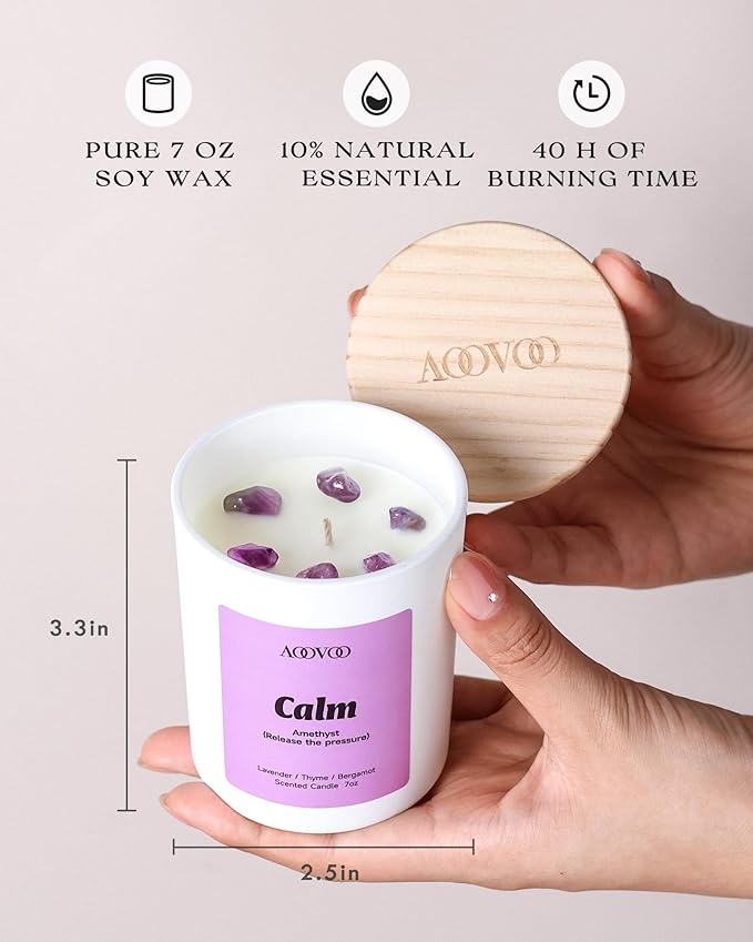 AOOVOO Calm Candles Set for Women - 4 Pack Candles for Home Scented, 28 oz 200 Hour Burn, Aromatherapy Candle with Crystals, Lavender Calm/Jasmine Serenity/Water Lily Pear Harmony/Patchouli Balance