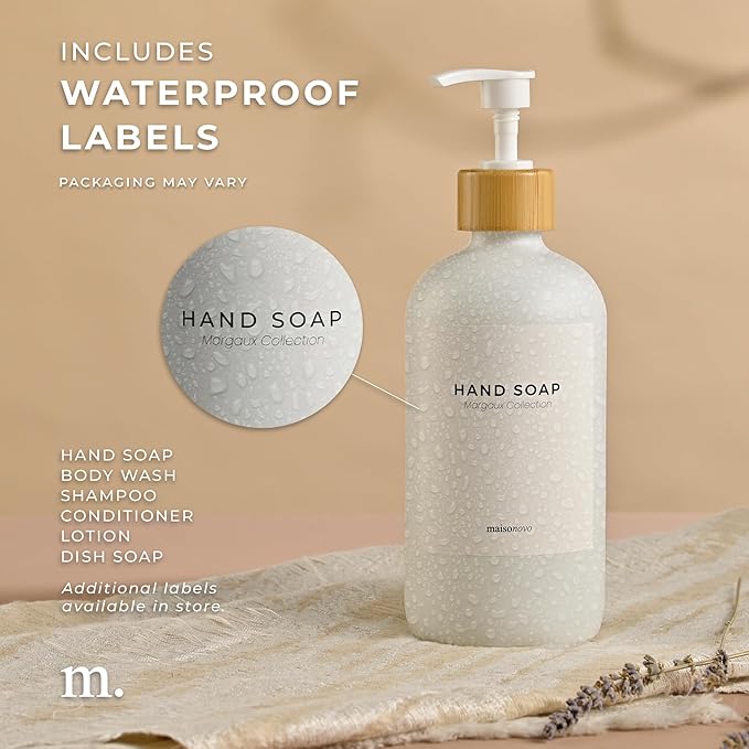 MaisoNovo Glass Hand Soap Dispenser | Dish Soap Dispenser for Kitchen | 16.9oz White Bottles with White Bamboo Pump | Bathroom Lotion Dispenser