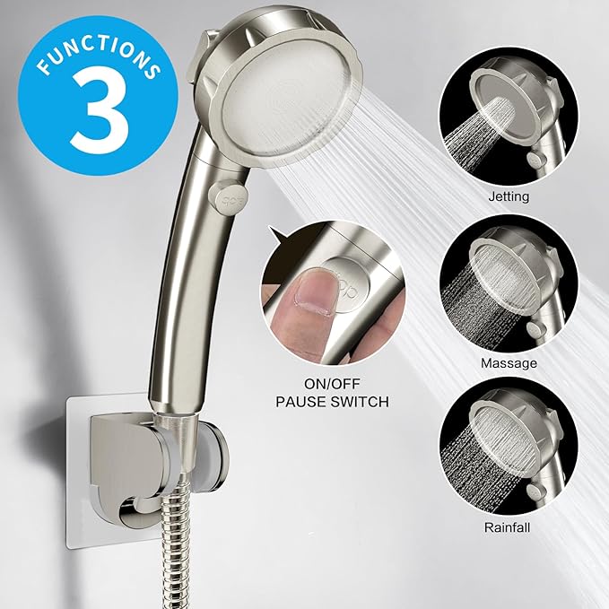 KAIYING Drill-Free High Pressure Handheld Shower Head with ON/OFF Switch, 3 Spray Modes - Brushed Nickel