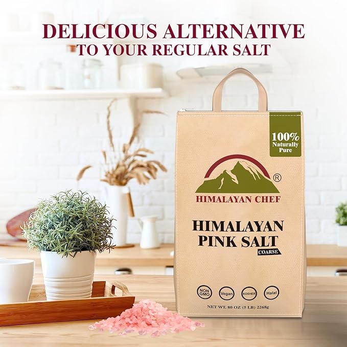 Himalayan Chef Himalayan Pink Salt - 5 lbs Coarse Grain Bulk Bag - 100% Natural and Pure Gourmet Crystals, Contains 84 Minerals, Table Salt, Kosher and Vegan | For Grinders & Salt Mills