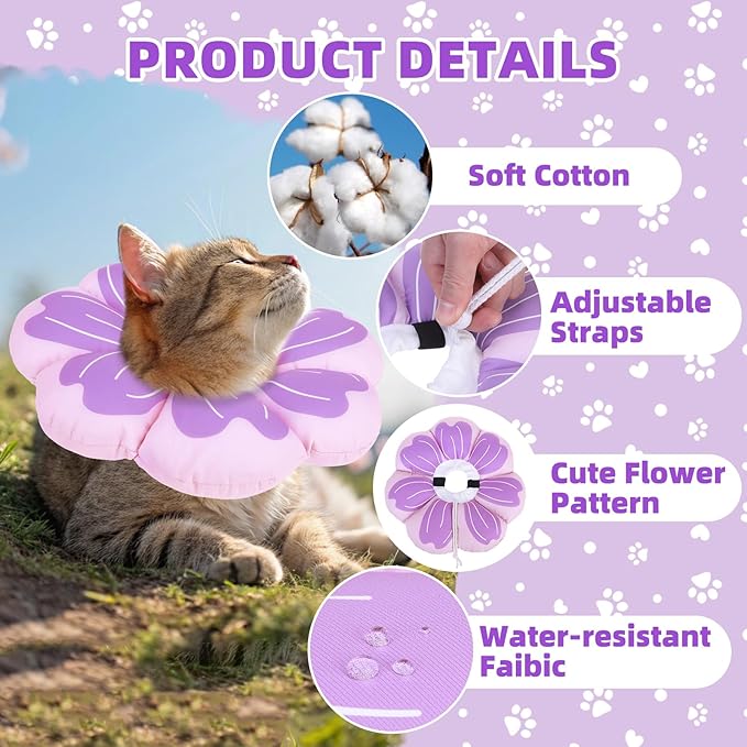 PUPTECK Cat Cone Collar Soft, Adjustable Protective Recovery Flower Collar Alternative, Comfortable Elizabethan Cat Collar Lightweight Stop Licking Neck Cone for Cats After Surgery, Purple, M
