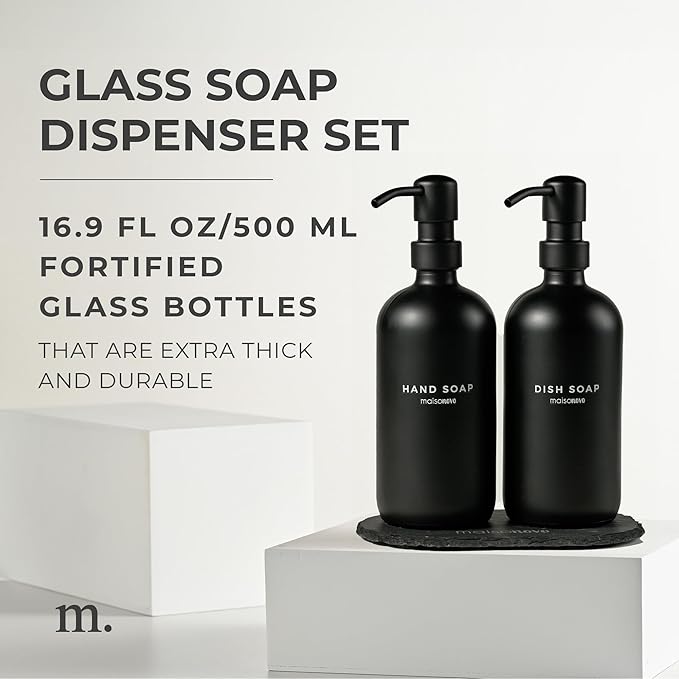 MaisoNovo Soap Dispenser 3-Piece Set | 16.9oz Black Bottles with Black Stainless Steel Pumps