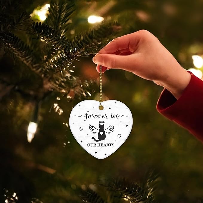 Hyturtle Cat Memorial Heart Ornament - Ceramic Pet Loss Keepsake with Angel Wings - Forever in Our Hearts Remembrance Christmas Ornament for Cat Lovers - 3 Inch Ceramic Hanging Gift Memorial 7