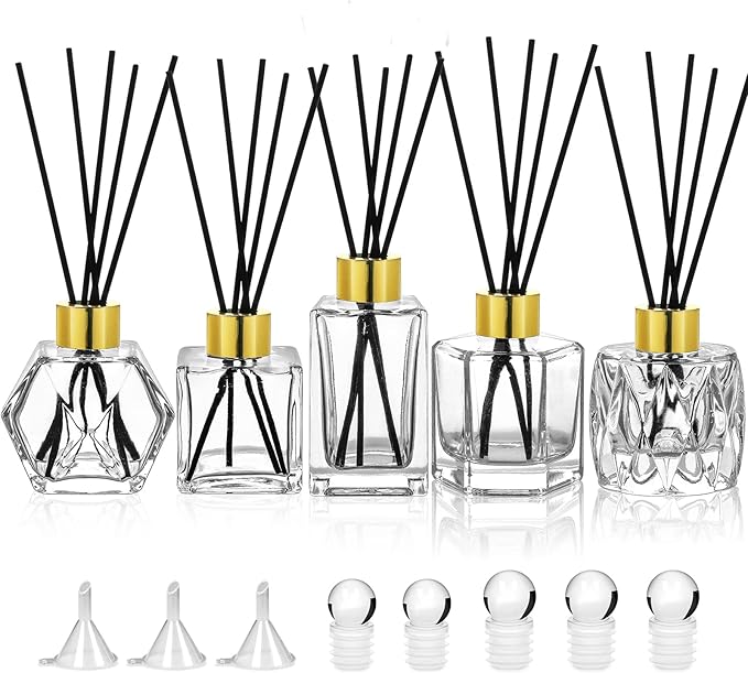 Diffuser Glass Bottles Set of 5 DIY Empty Clear Glass Fragrance Bottle with Gold Caps Reeds Sticks Vase Decorative Diffusers for Home Office Desk Decoration Wedding Replacement Girl Women
