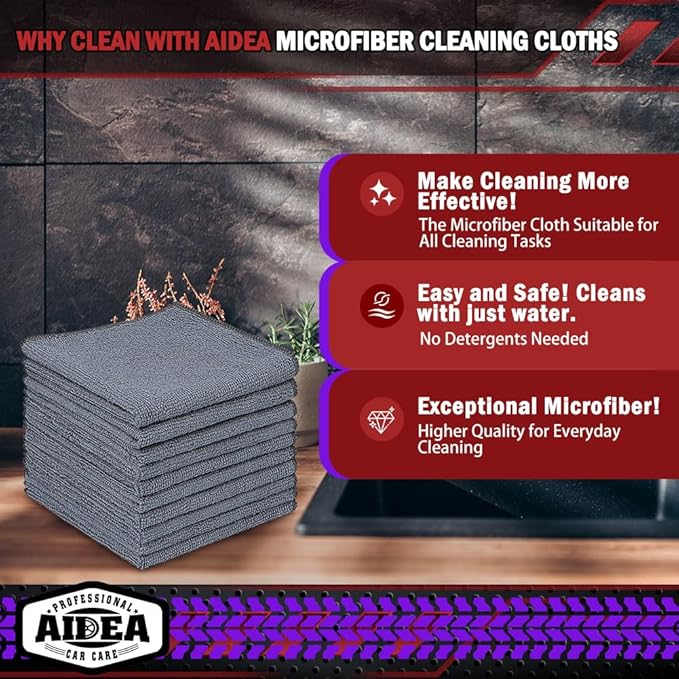 AIDEA Microfiber Cleaning Cloth Grey 50PK, Microfiber Towels for Cars, Premium Car Cloths, Dusting Cloth Lint Free Cleaning Rags for SUVs, House, Kitchen, Window, Workshops,12×12"