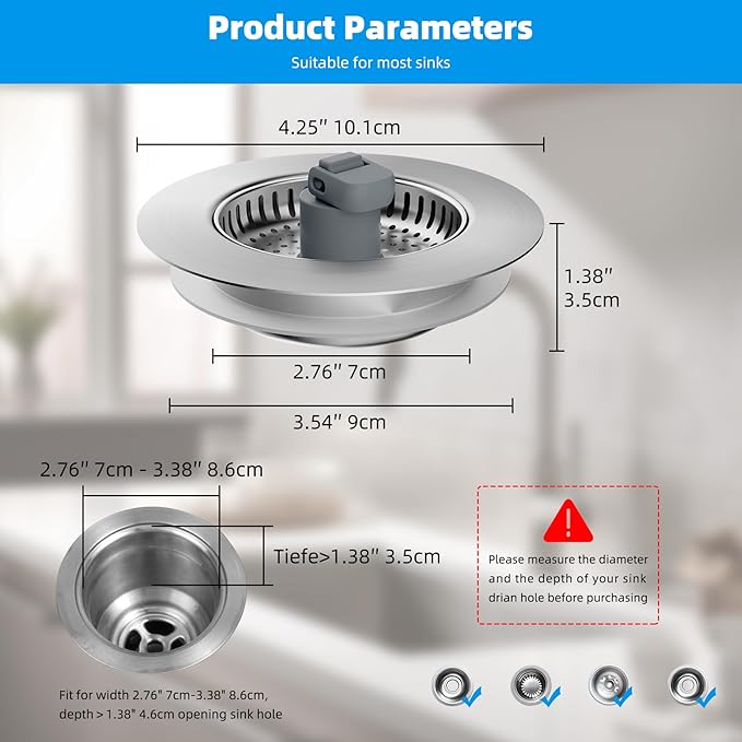 Hibbent 2 Pack 3 in 1 Kitchen Sink Drain Strainer, Stainless Steel Wrapped Shell Drain Stopper Combo, Pop Up Sink Stopper, Anti-Clogging Metal Basket Strainer with Handle for US Standard 3-1/2" Drain
