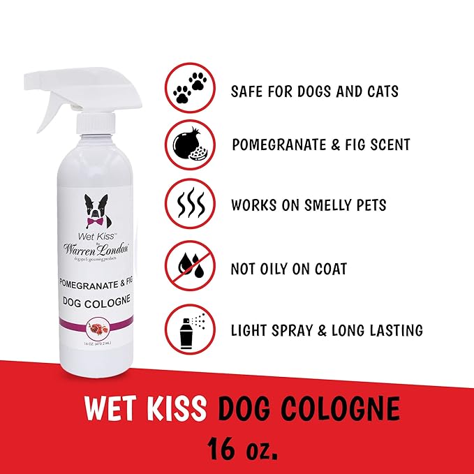 Warren London Wet Kiss Dog Cologne Spray – Pomegranate & Fig | Long-Lasting Odor Eliminator & Coat Freshener for Dogs & Cats | 16 oz