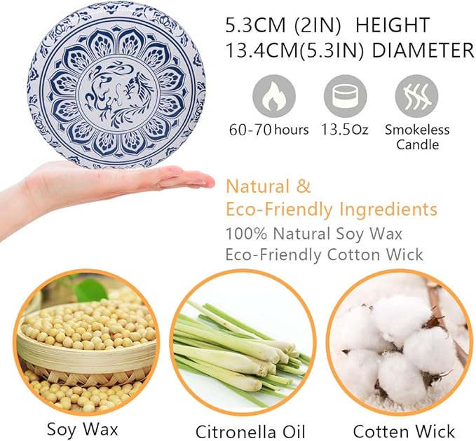 Citronella Candles Outdoor, Large 3 Wicks Soy Wax Candles in Blue and White Tin with Lid, 75 Hour Burn for Patio, Yard, Balcony, Camping, Indoor