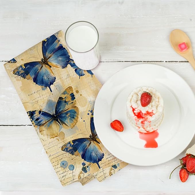 2 Pcs Vintage Butterfly Kitchen Towels, Rustic Decorative Absorbent Microfiber Dish Cloth Tea Towel, Artistic Waffle Soft Hand Towels for Farmhouse Home Bathroom, Butterfly Gifts