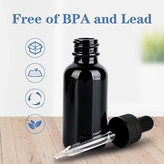 2 oz UV Resistant Dropper Bottle 24 Pack Black Glass Boston Bottles 60ml with Eye Droppers Black Caps for Essential Oils, Perfume, Leak Proof Travel Bottles for Liquids