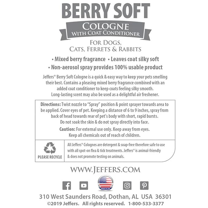 Jeffers Pet Cologne Spray with Coat Conditioner for Dogs & Cats, Berry Soft - Detergent & Soap Free Grooming Fragrance Mist, Deodorizer, Freshener, Safe for Pets, Salon, Home Use - 16 oz