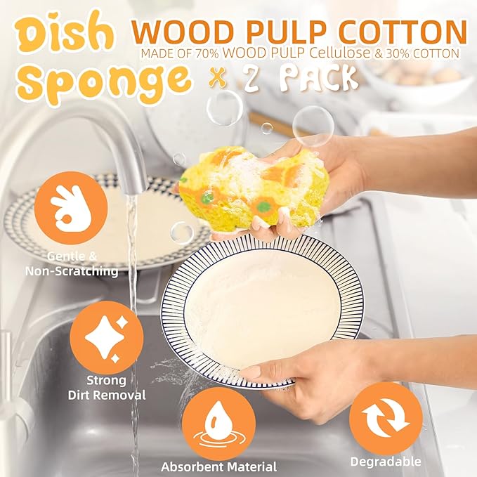 2 Pcs Cute Compressed Wood Pulp Cotton Sponges, Reusable and Highly Absorbent for Dishwashing, Kitchen Surfaces, and Bathroom Cleaning, Bus and Car-Shaped