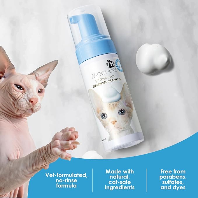 Mooncat Sphynx & Sensitive Cat Grooming Bundle – Waterless No-Rinse Cat Shampoo Foam for Oily Skin (5oz) + Cat Ear Cleaner Finger Wipes (40ct) | Licking Safe, Oil Control, Paraben-Free, pH Balanced |