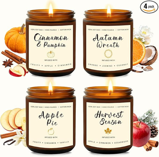Holiday Candle Gift Set – Cinnamon Pumpkin, Apple Vanilla, Orange Jasmine Coconut, Cedarwood Spice – Long Lasting Soy Candles for Home, Thanksgiving & Christmas Gifts for Women
